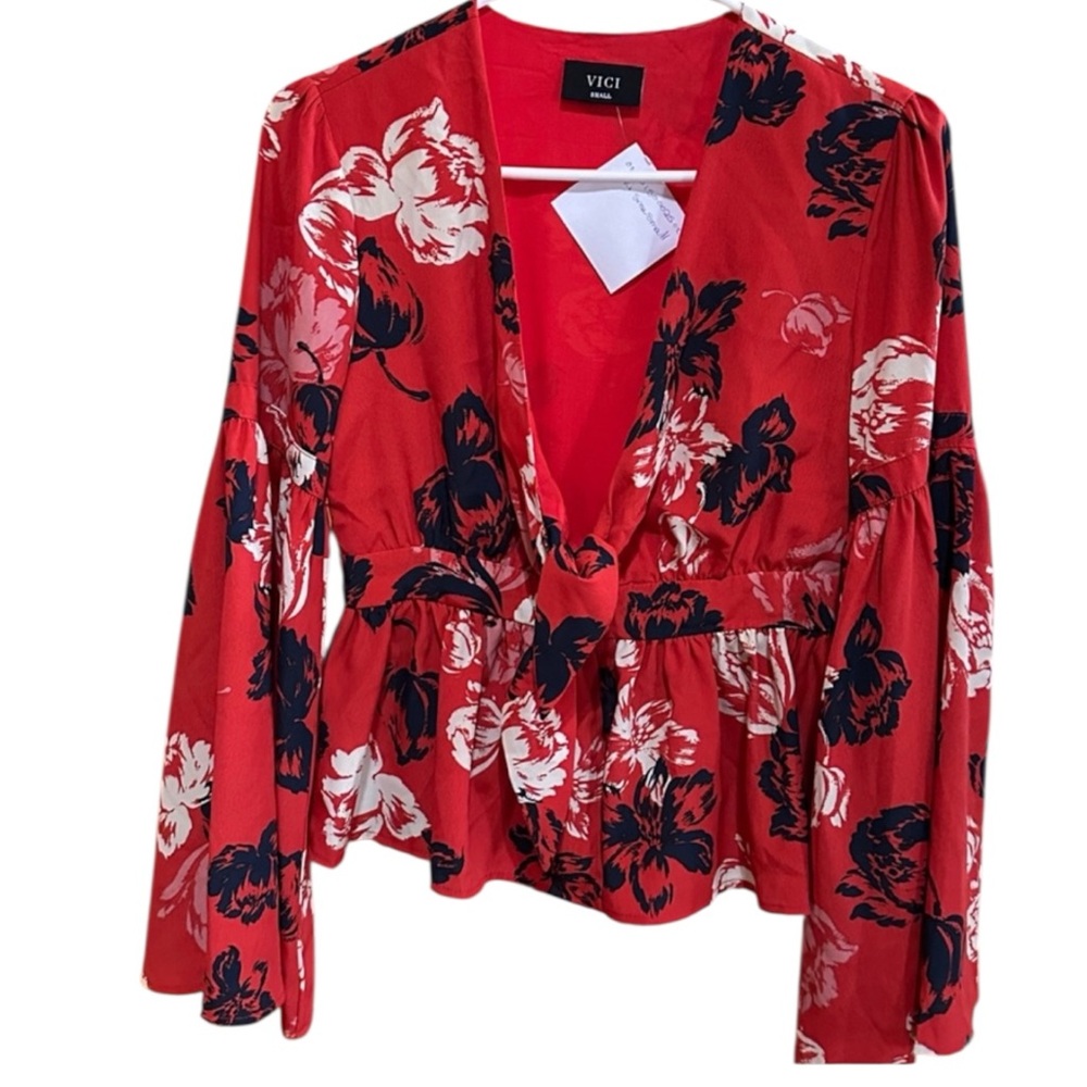 Vici Red, Blue, White & Pink Bell Sleeve Floral Blouse